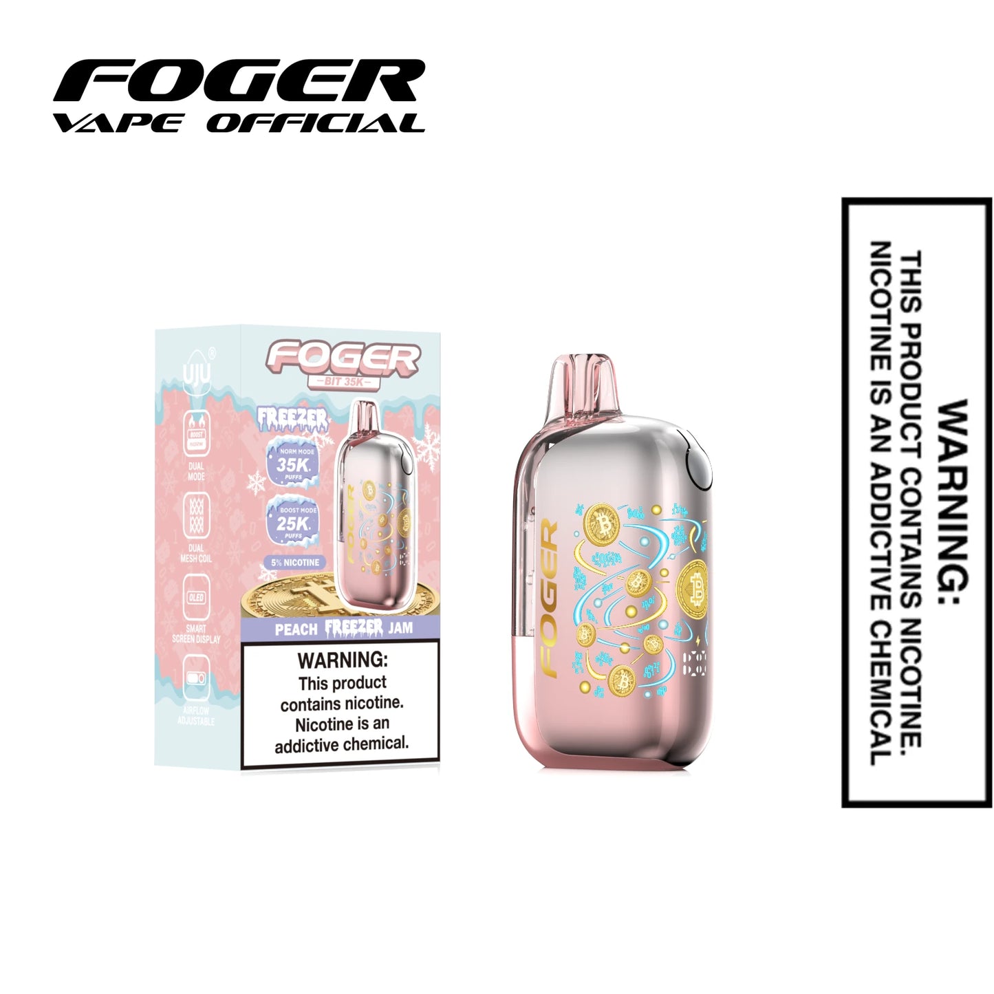Peach Freezer Jam Foger Bit 35K disposable vape next to its single unit retail box Peach Freezer Jam Foger Bit 35K disposable vape next to its single unit retail box