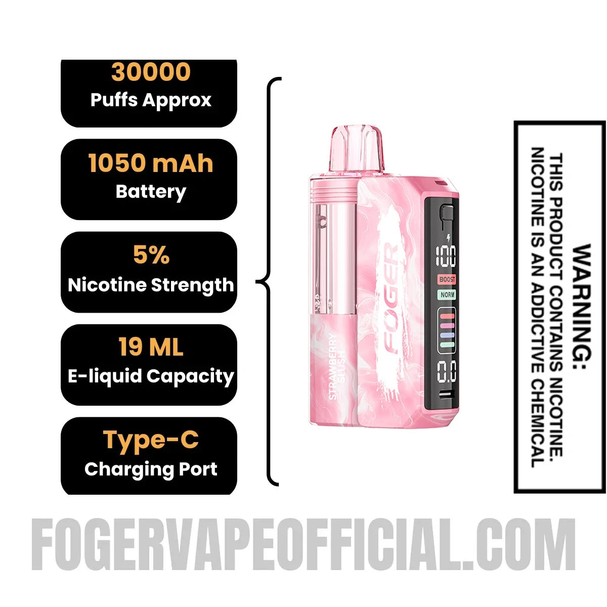 Strawberry Slush Foger Switch Pro Vape Kit specifications, 30000 puffs, 1050mah battery, 5% nicotine, 19ml e-liquid, Type-C charging Strawberry Slush Foger Switch Pro Vape Kit specifications, 30000 puffs, 1050mah battery, 5% nicotine, 19ml e-liquid, Type-C charging