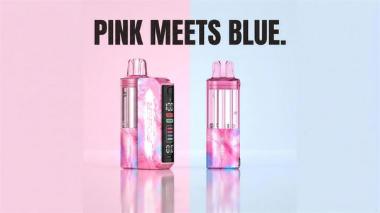 Foger Pink and Blue Switch Pro Kit and Pod on a split pink and blue background, pink meets blue