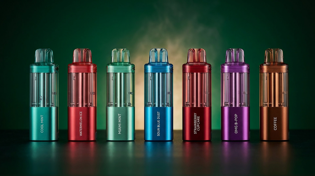 Seven Foger Switch Pro replacement pod flavors in a lineup: Cool Mint, Watermelon Ice, Miami Mint, Sour Blue Dust, Strawberry Cupcake, OMG B-POP, and Coffee