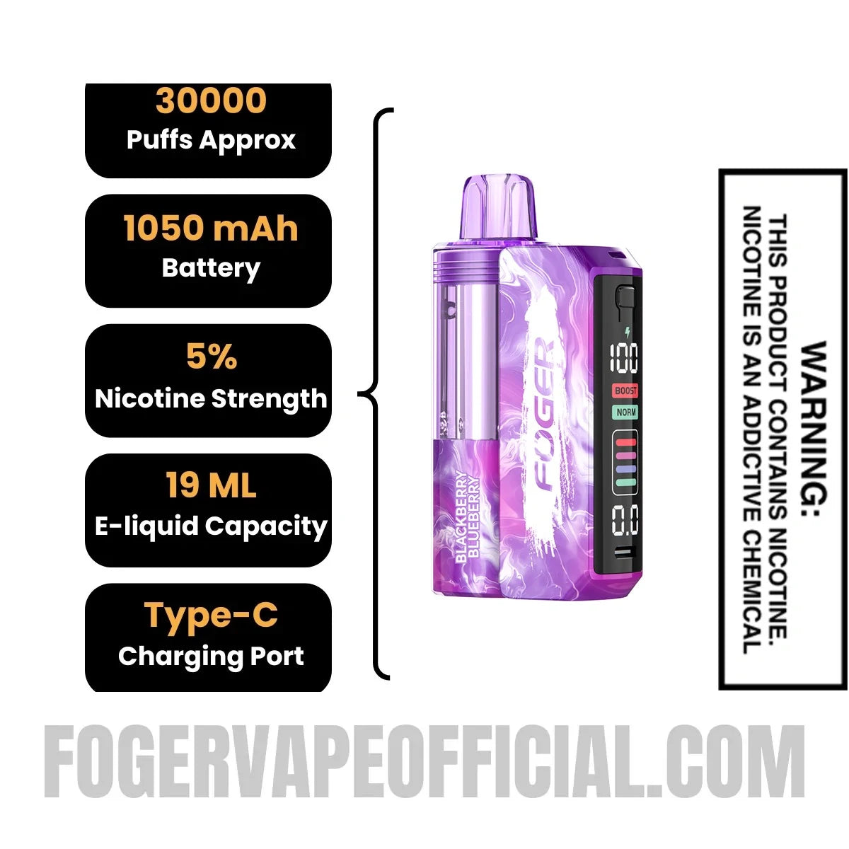Blackberry Blueberry Foger Switch Pro Vape Kit specifications, 30000 puffs, 1050mah battery, 5% nicotine, 19ml e-liquid, Type-C charging