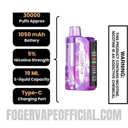 Blackberry Blueberry Foger Switch Pro Vape Kit specifications, 30000 puffs, 1050mah battery, 5% nicotine, 19ml e-liquid, Type-C charging