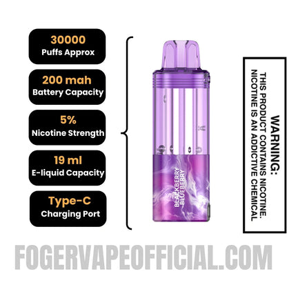 Blackberry Blueberry Foger Switch Pro Disposable Pod specifications, 30000 puffs, 200mah battery, 5% nicotine, 19ml e-liquid, Type-C charging