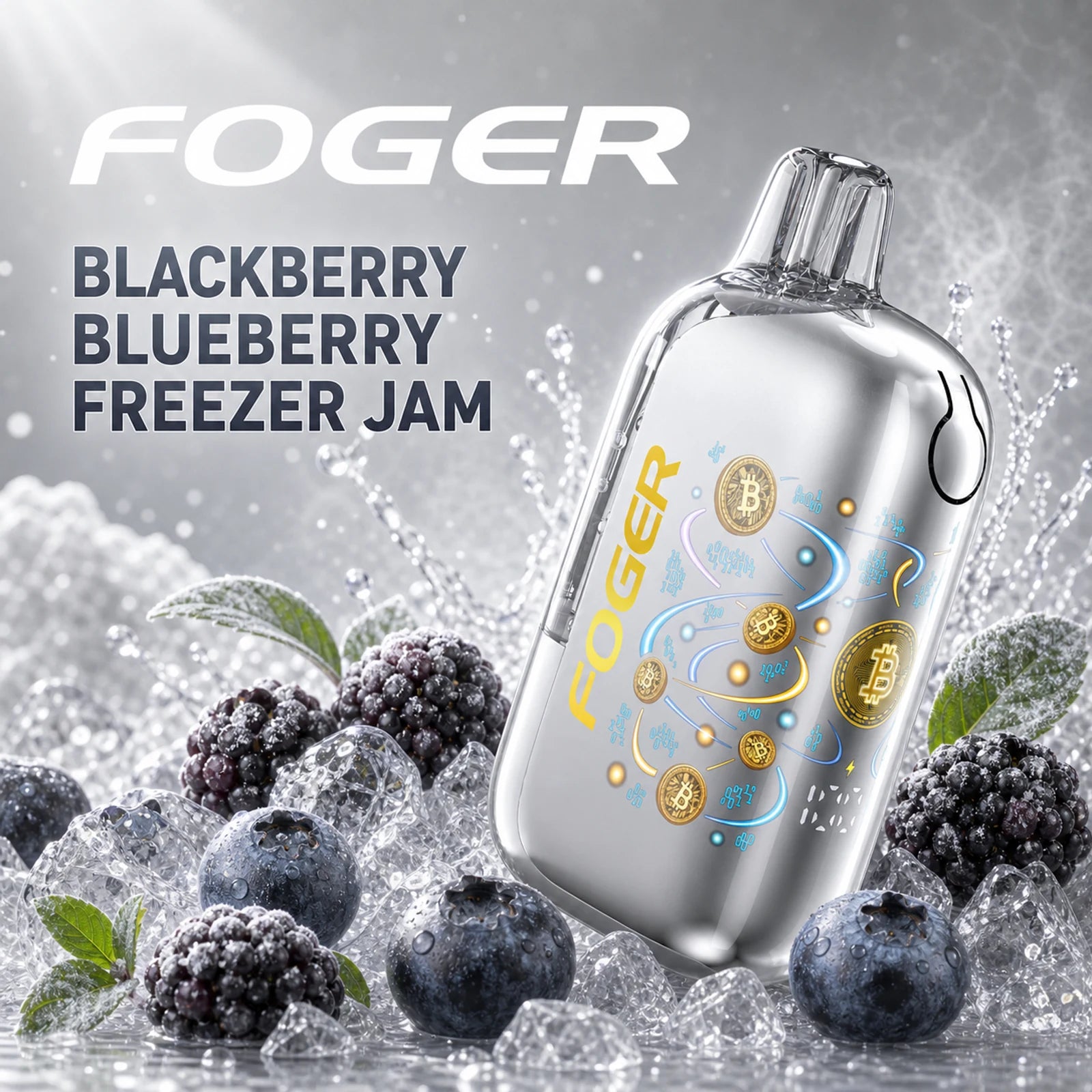 Blackberry Blueberry Freezer Jam Foger Bit 35K disposable vape with blackberries and blueberries on ice