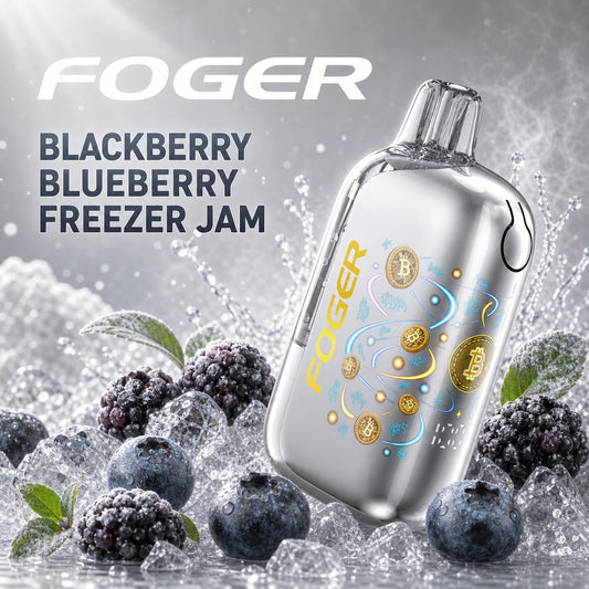 Blackberry Blueberry Freezer Jam Foger Bit 35K disposable vape with blackberries and blueberries on ice