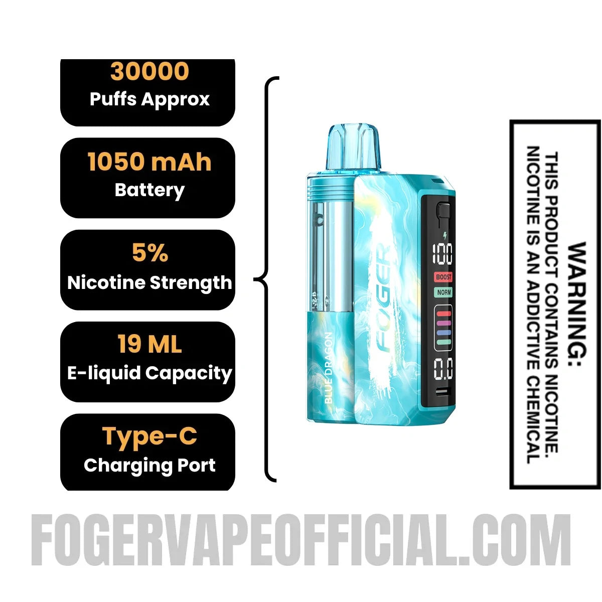 Blue Dragon Foger Switch Pro Vape Kit specifications, 30000 puffs, 1050mah battery, 5% nicotine, 19ml e-liquid, Type-C charging