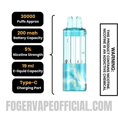 Blue Dragon Foger Switch Pro Disposable Pod specifications, 30000 puffs, 200mah battery, 5% nicotine, 19ml e-liquid, Type-C charging
