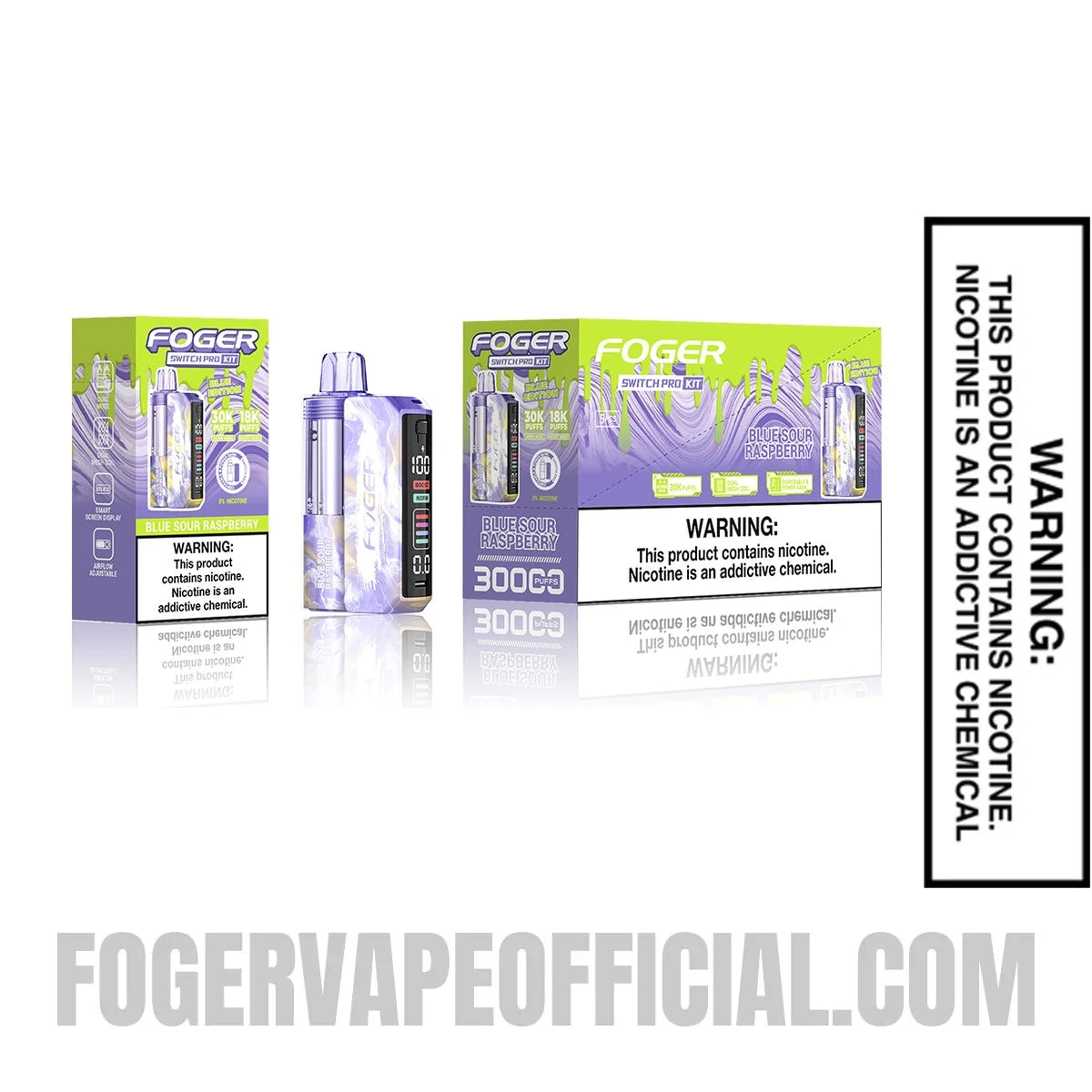 Blue Sour Raspberry Foger Switch Pro Vape Kit device with single and multi pack packaging