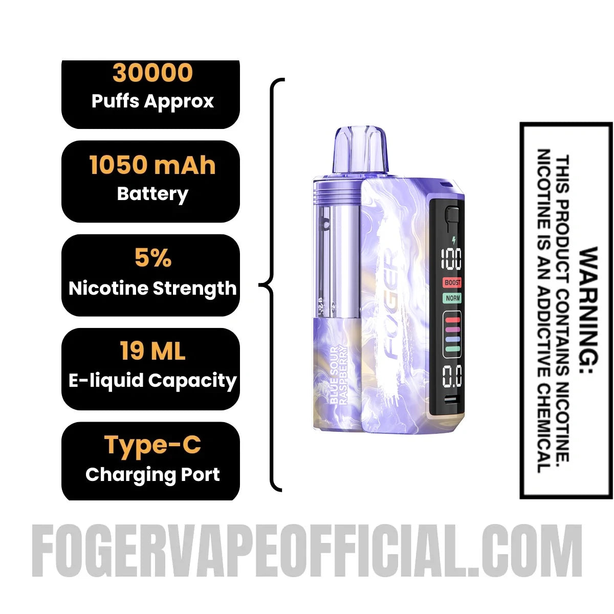 Blue Sour Raspberry Foger Switch Pro Vape Kit specifications, 30000 puffs, 1050mah battery, 5% nicotine, 19ml e-liquid, Type-C charging