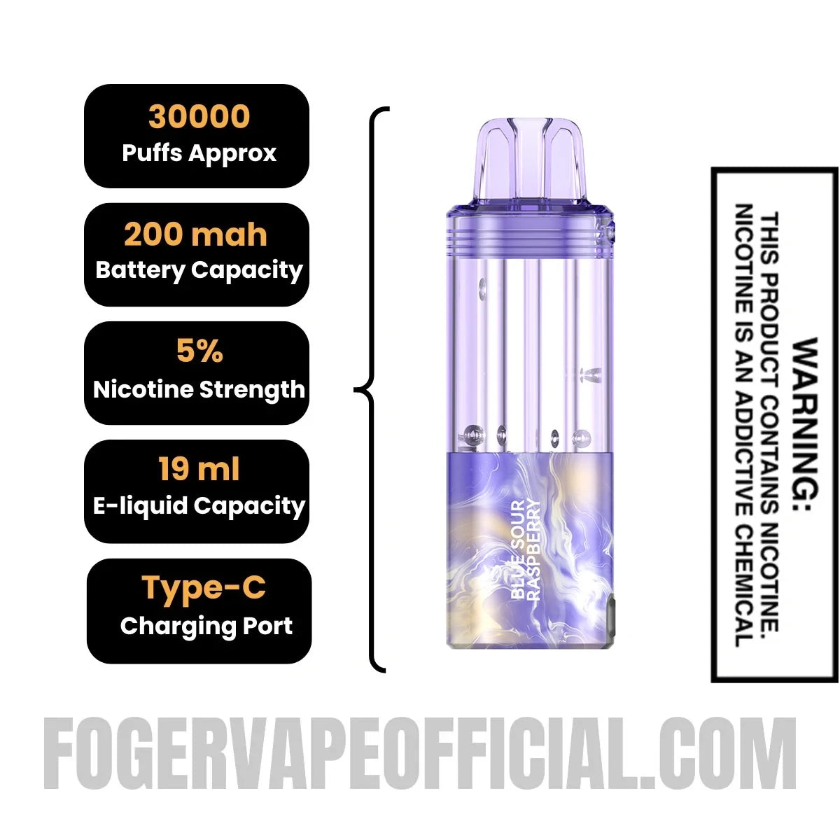 Blue Sour Raspberry Foger Switch Pro Disposable Pod specifications, 30000 puffs, 200mah battery, 5% nicotine, 19ml e-liquid, Type-C charging