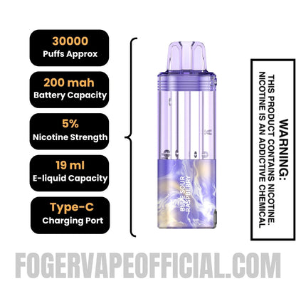 Blue Sour Raspberry Foger Switch Pro Disposable Pod specifications, 30000 puffs, 200mah battery, 5% nicotine, 19ml e-liquid, Type-C charging