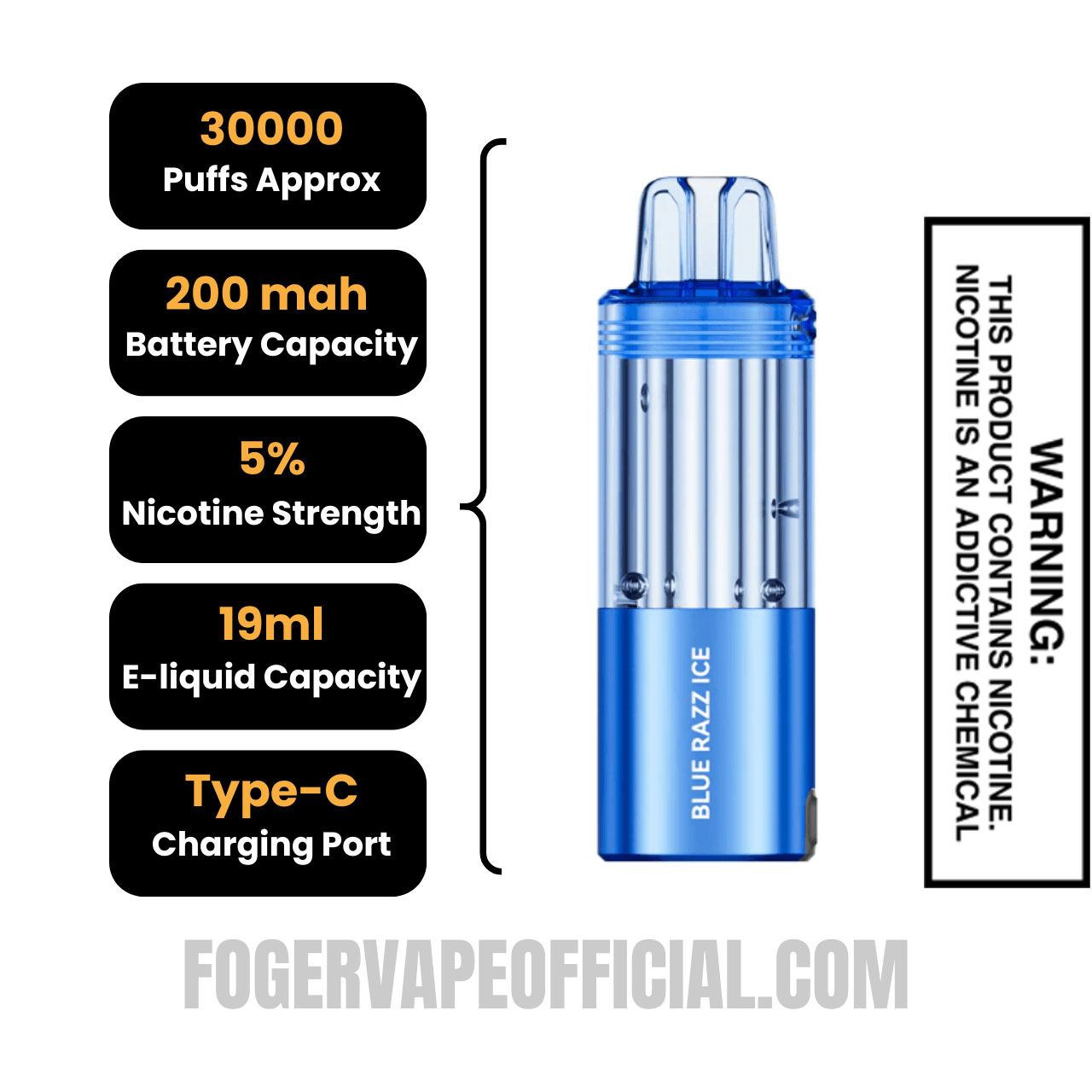 Blue Razz Ice Foger Switch Pro 30K Disposable Pod Specifications