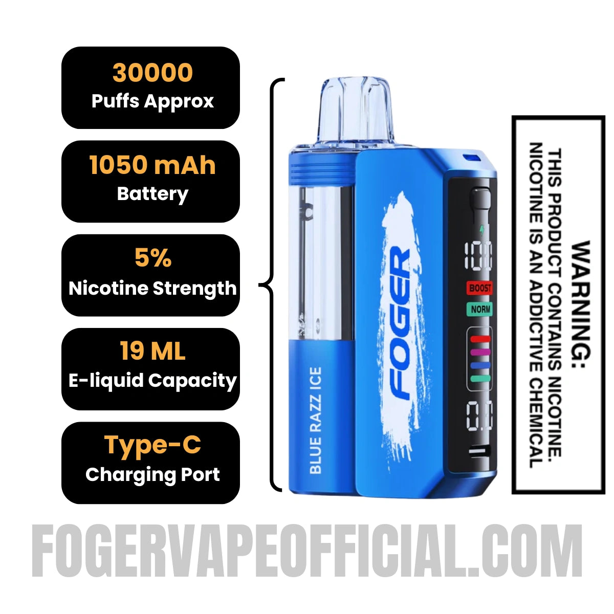 Blue Razz Ice Foger Switch Pro Vape Kit 30K Puffs Specifications