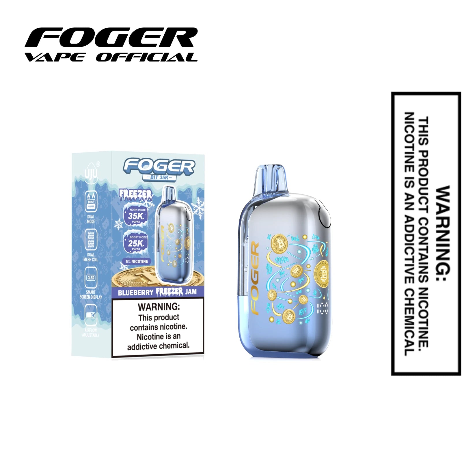 Blueberry Freezer Jam Foger Bit 35K disposable vape next to its single unit retail box
