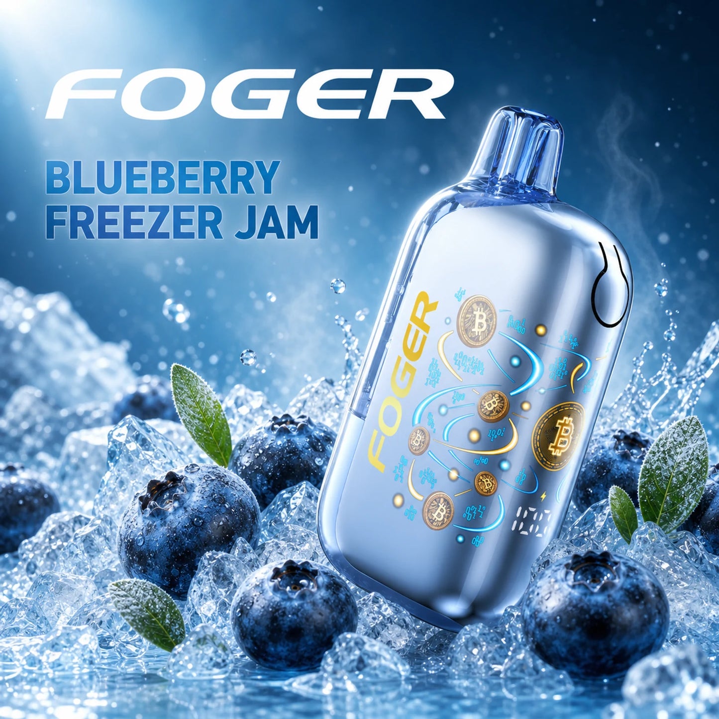 Blueberry Freezer Jam Foger Bit 35K disposable vape with fresh blueberries on ice