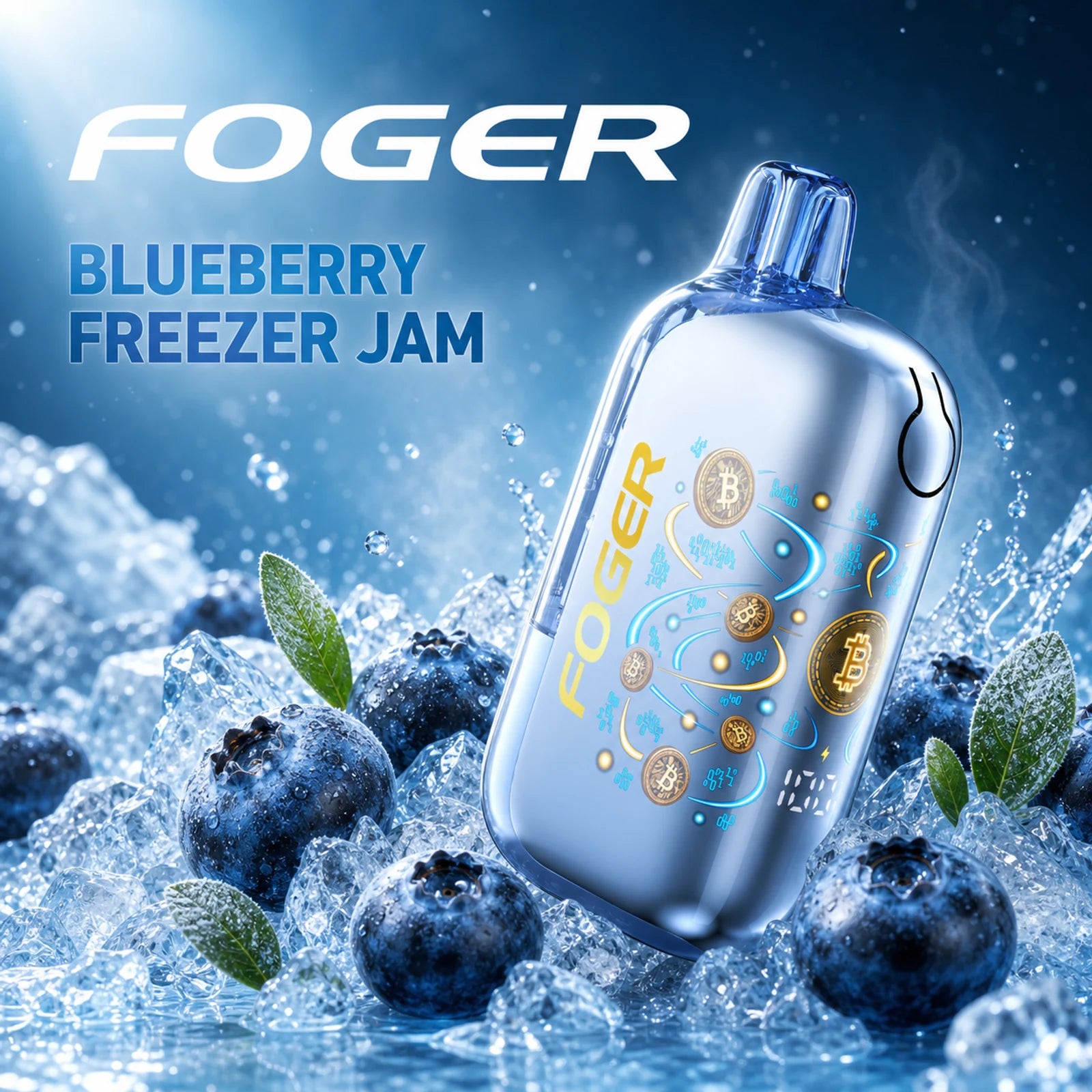 Blueberry Freezer Jam Foger Bit 35K disposable vape with fresh blueberries on ice