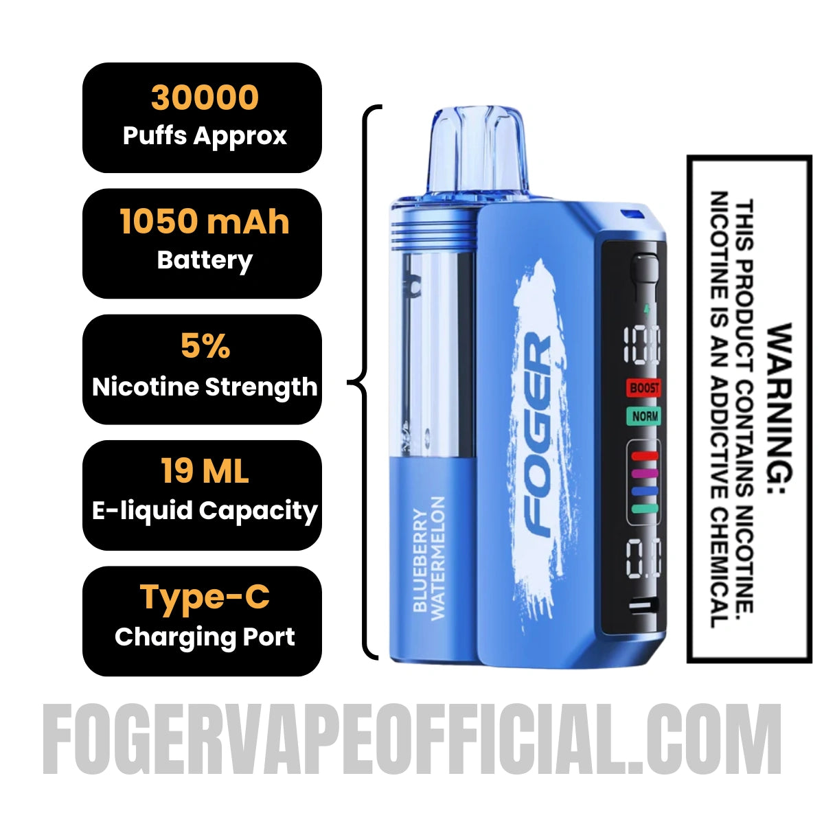 Blueberry Watermelon Foger Switch Pro Vape Kit 30K Puffs Specifications