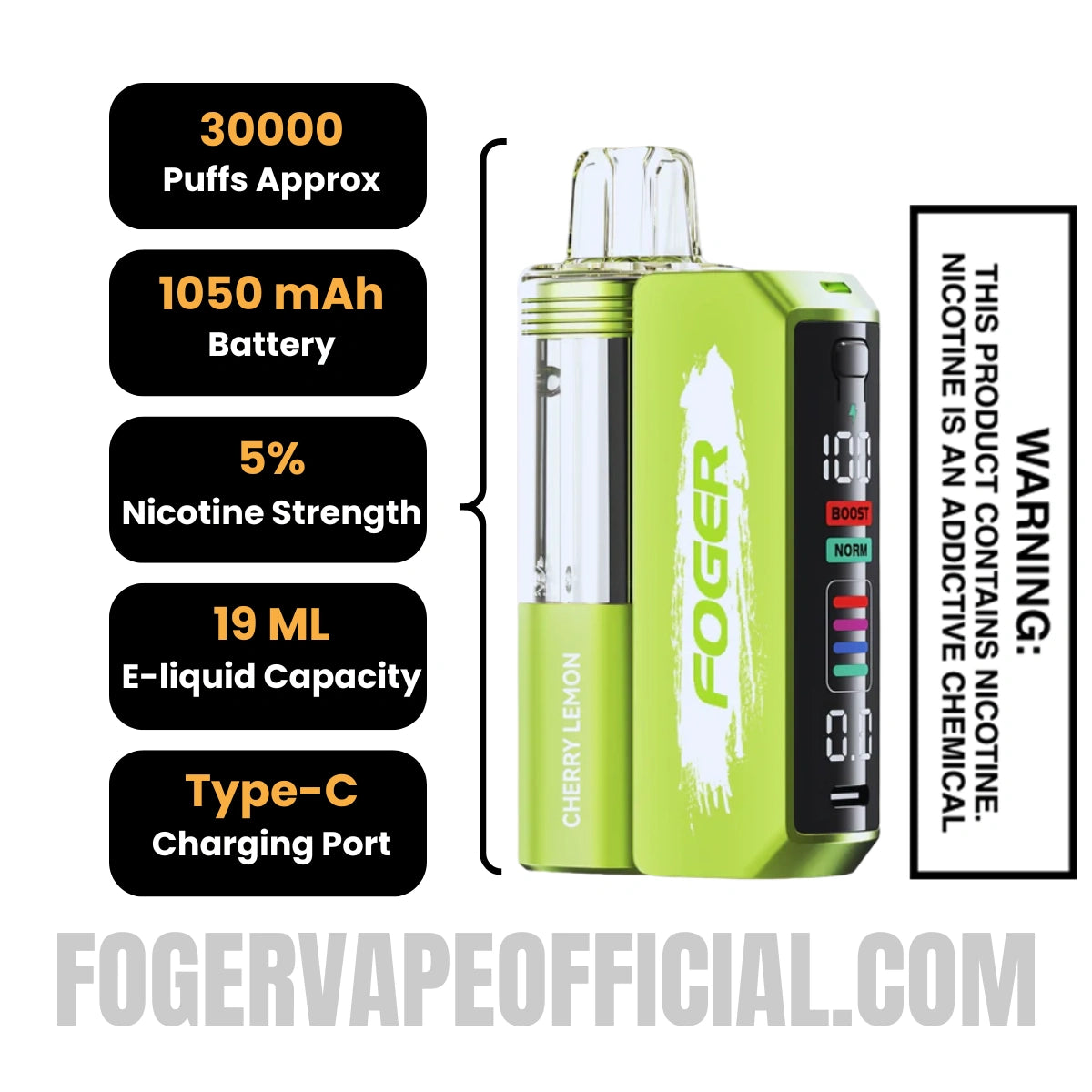 Cherry Lemon Foger Switch Pro Vape Kit 30K Puffs Specifications 