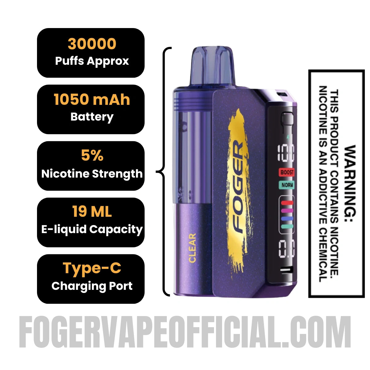 Clear Foger Switch Pro Vape Kit 30K Puffs Specifications