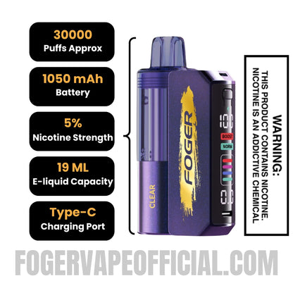 Clear Foger Switch Pro Vape Kit 30K Puffs Specifications