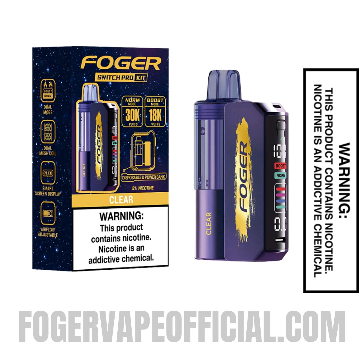 Clear Foger Switch Pro Vape Kit 30K Puffs with package box