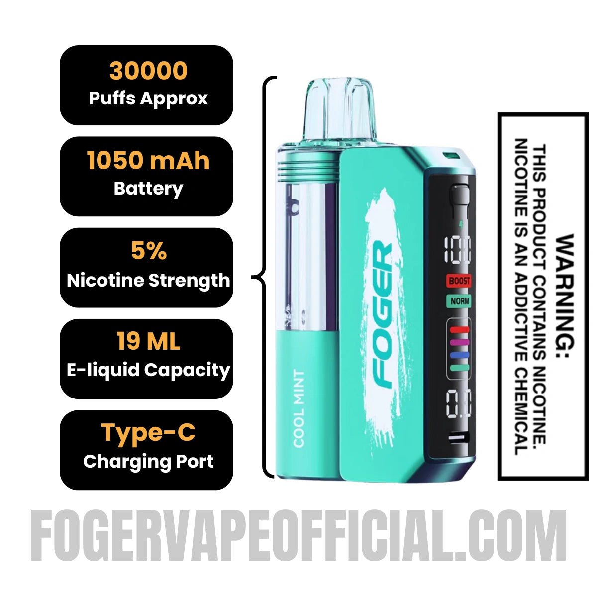Cool Mint Foger Switch Pro Vape Kit 30K Puffs Specifications