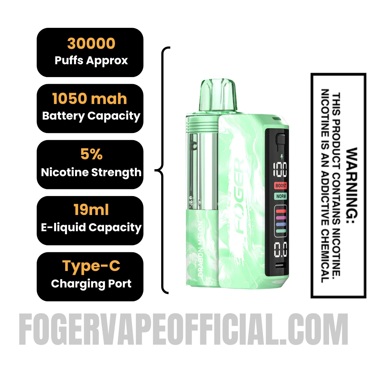 Dragon Melon Foger Switch Pro 30K Disposable Vape Kit Specifications