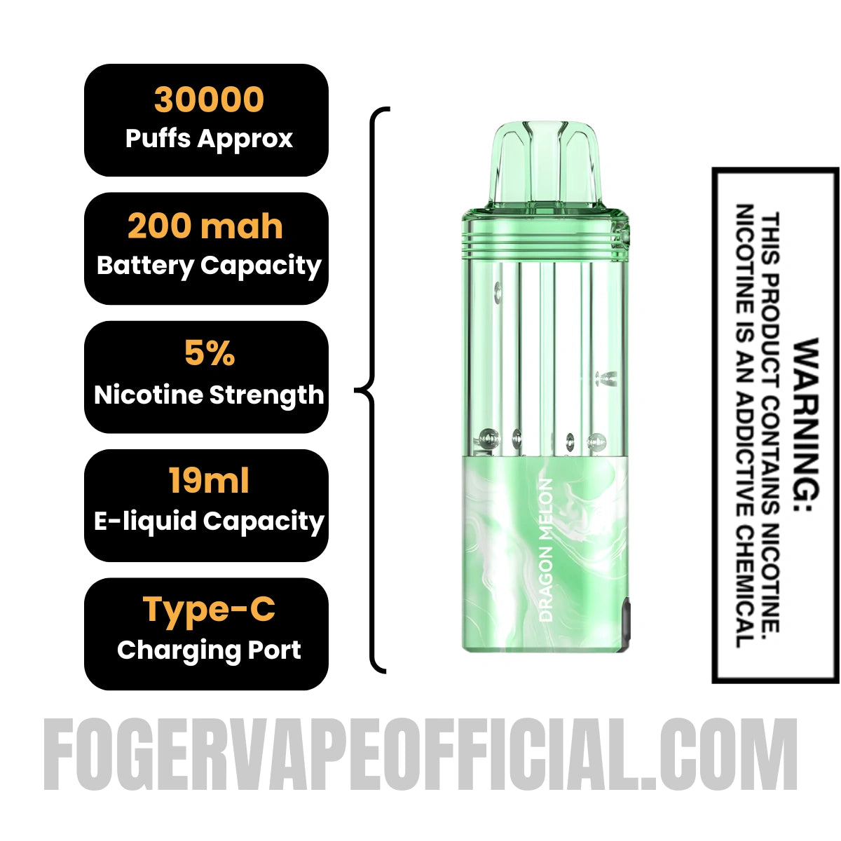 Dragon Melon Foger Switch Pro 30K Disposable Vape Pod Specifications