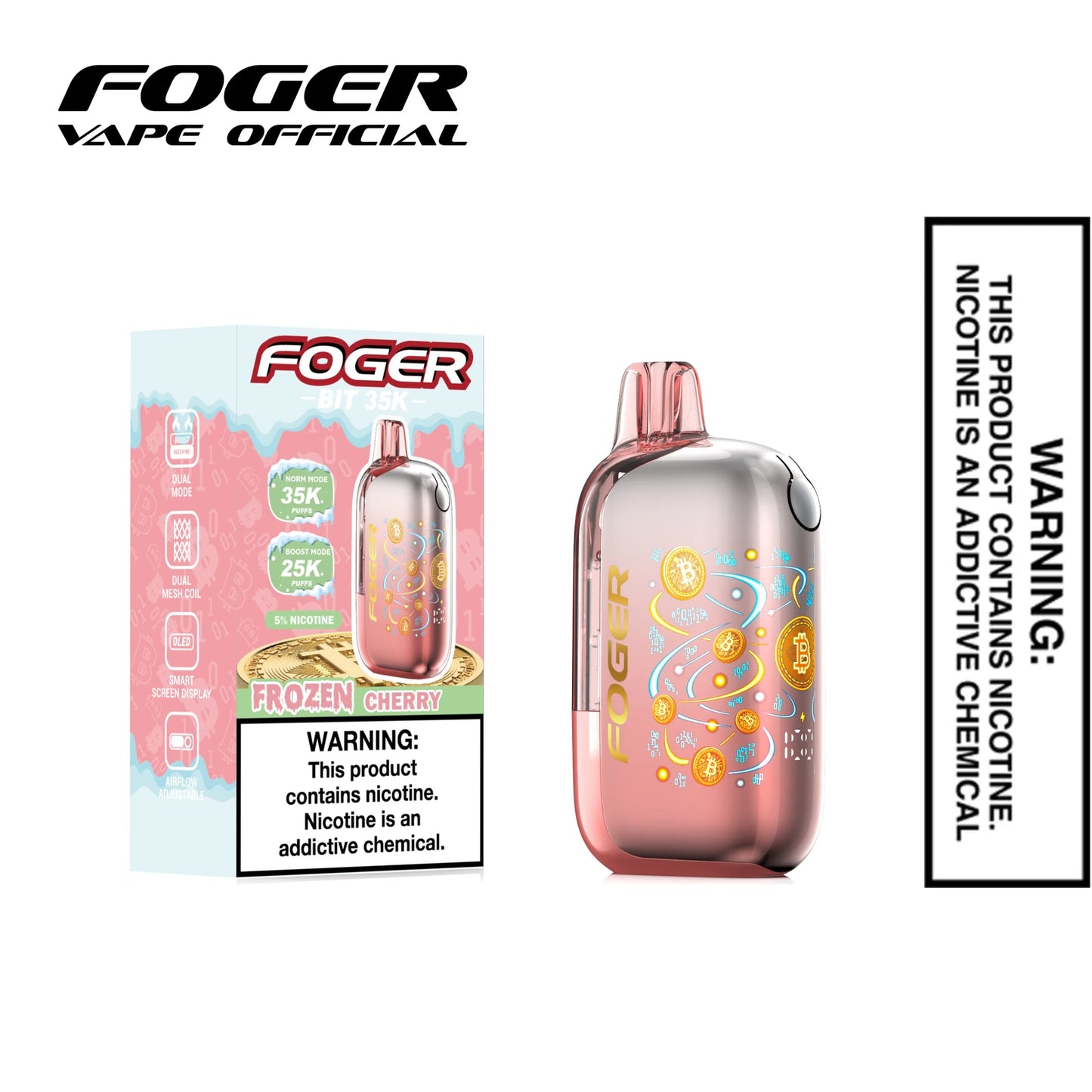 Frozen Cherry Foger Bit 35K disposable vape next to its single unit retail box