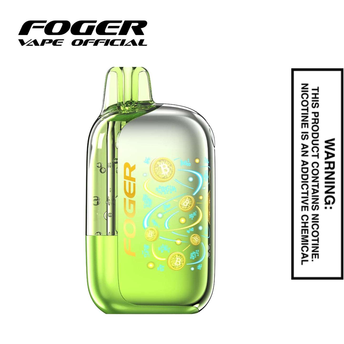 Front view of the Frozen Kiwi Foger Bit 35K disposable vape showing the clear tank and smart screen