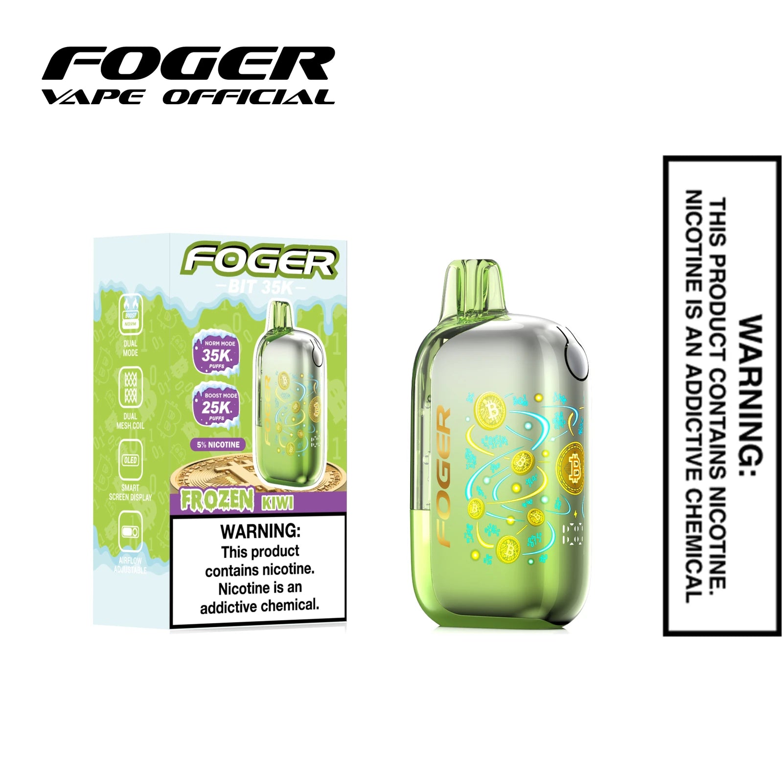 Frozen Kiwi Foger Bit 35K disposable vape next to its single unit retail box