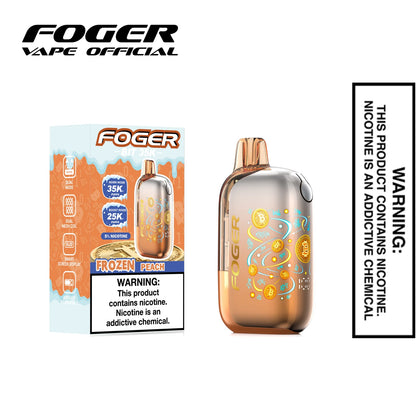 Frozen Peach Foger Bit 35K disposable vape next to its single unit retail box