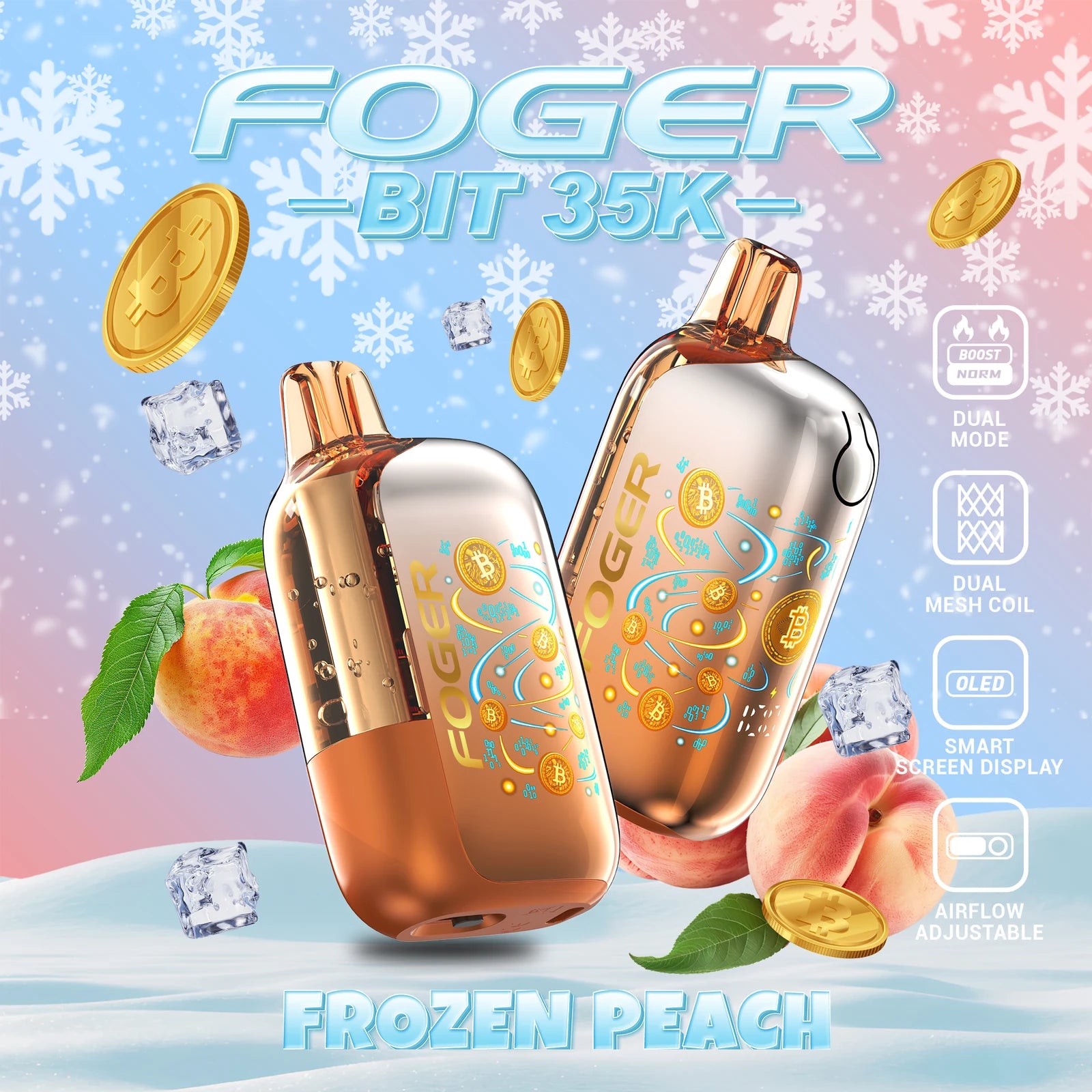 Frozen Peach Foger Bit 35K disposable vape with ripe peaches and ice