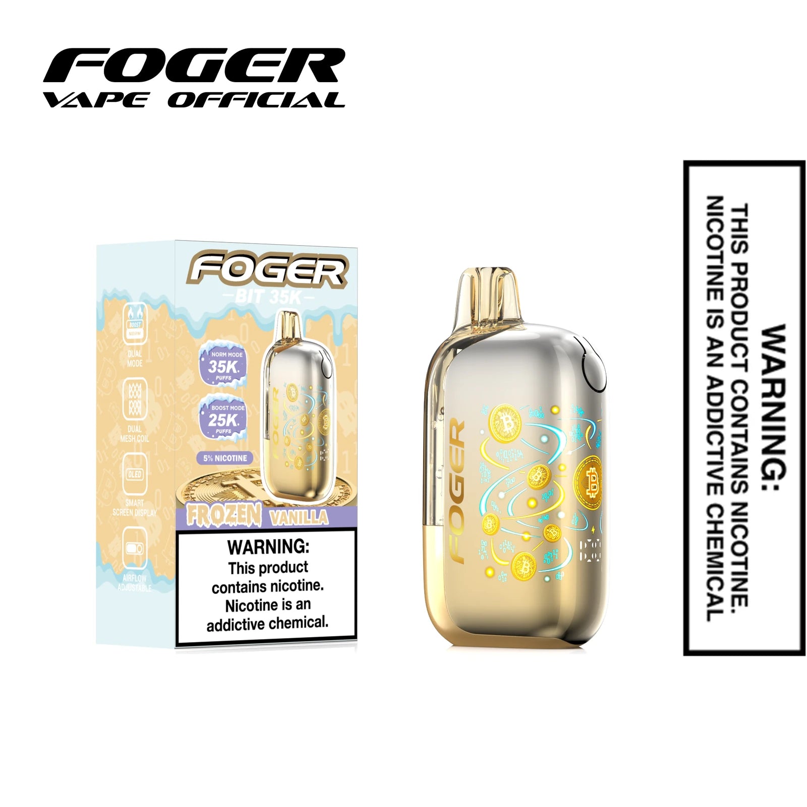 Frozen Vanilla Foger Bit 35K disposable vape next to its single unit retail box