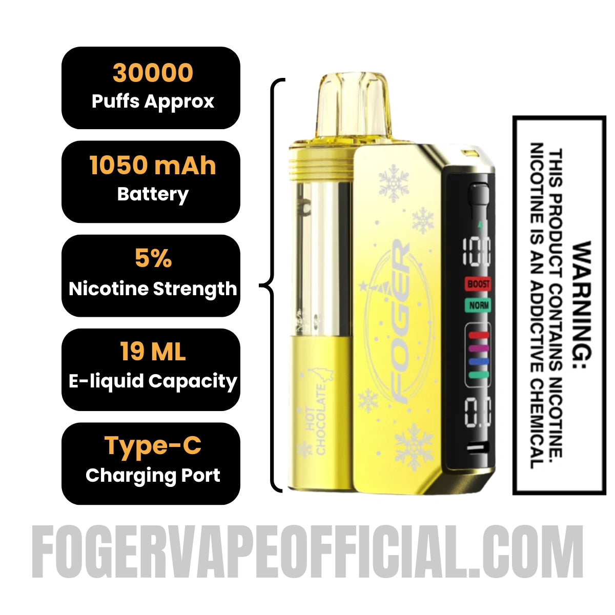 Hot Chocolate Foger Switch Pro Vape Kit 30K Puffs (Holiday Edition) Specifications