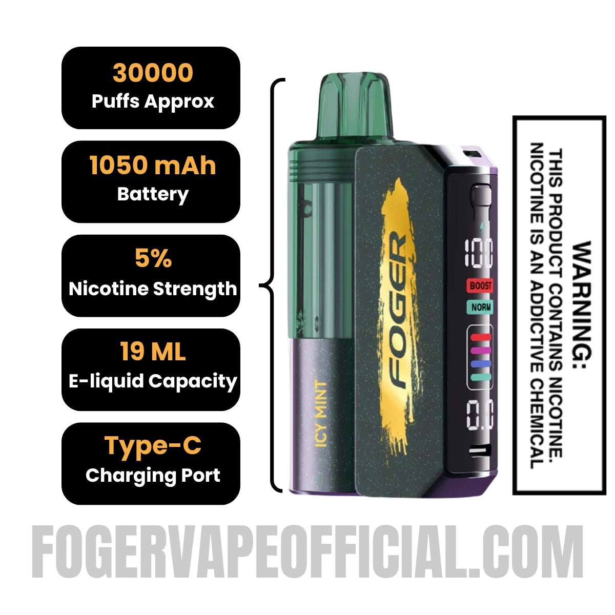 Icy Mint Foger Switch Pro Vape Kit 30K Puffs Specifications
