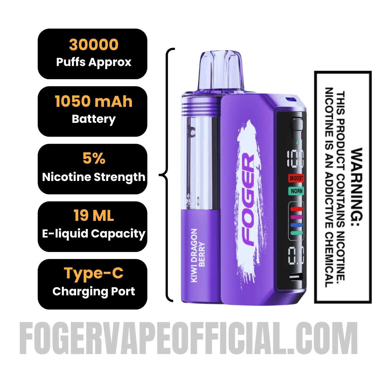 Kiwi Dragon Berry Foger Switch Pro Vape Kit 30K Puffs Specifications