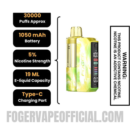 Lemon Heads Foger Switch Pro Vape Kit specifications, 30000 puffs, 1050mah battery, 5% nicotine, 19ml e-liquid, Type-C charging