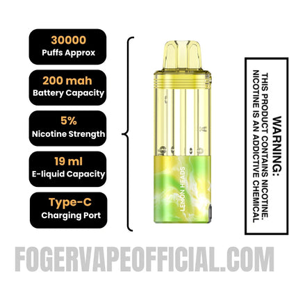 Lemon Heads Foger Switch Pro Disposable Pod specifications, 30000 puffs, 200mah battery, 5% nicotine, 19ml e-liquid, Type-C charging