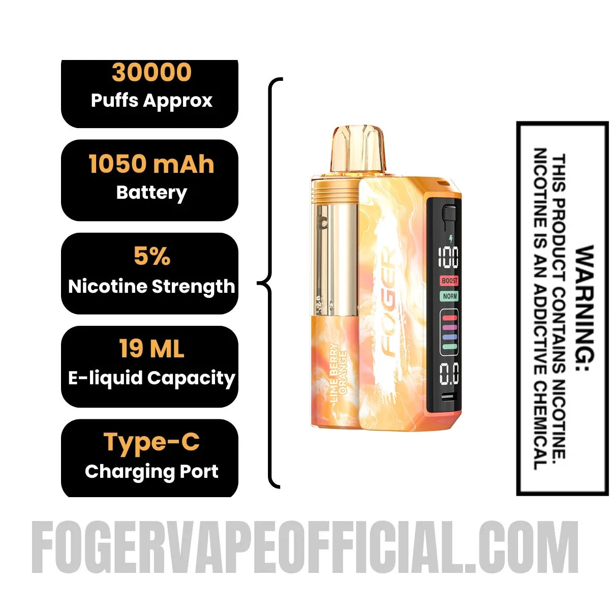 Lime Berry Orange Foger Switch Pro Vape Kit specifications, 30000 puffs, 1050mah battery, 5% nicotine, 19ml e-liquid, Type-C charging