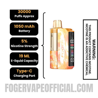 Lime Berry Orange Foger Switch Pro Vape Kit specifications, 30000 puffs, 1050mah battery, 5% nicotine, 19ml e-liquid, Type-C charging