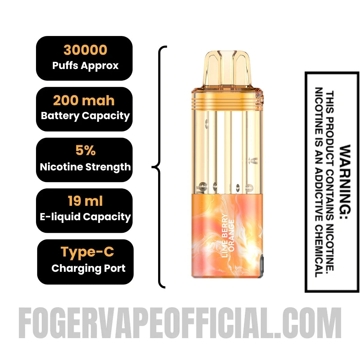 Lime Berry Orange Foger Switch Pro Disposable Pod specifications, 30000 puffs, 200mah battery, 5% nicotine, 19ml e-liquid, Type-C charging