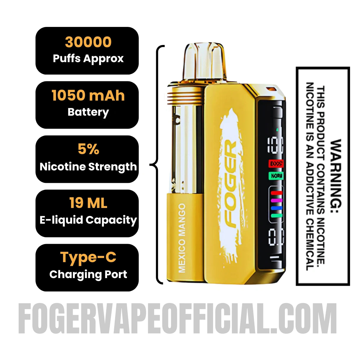 Mexico Mango Foger Switch Pro Vape Kit 30K Puffs Specifications