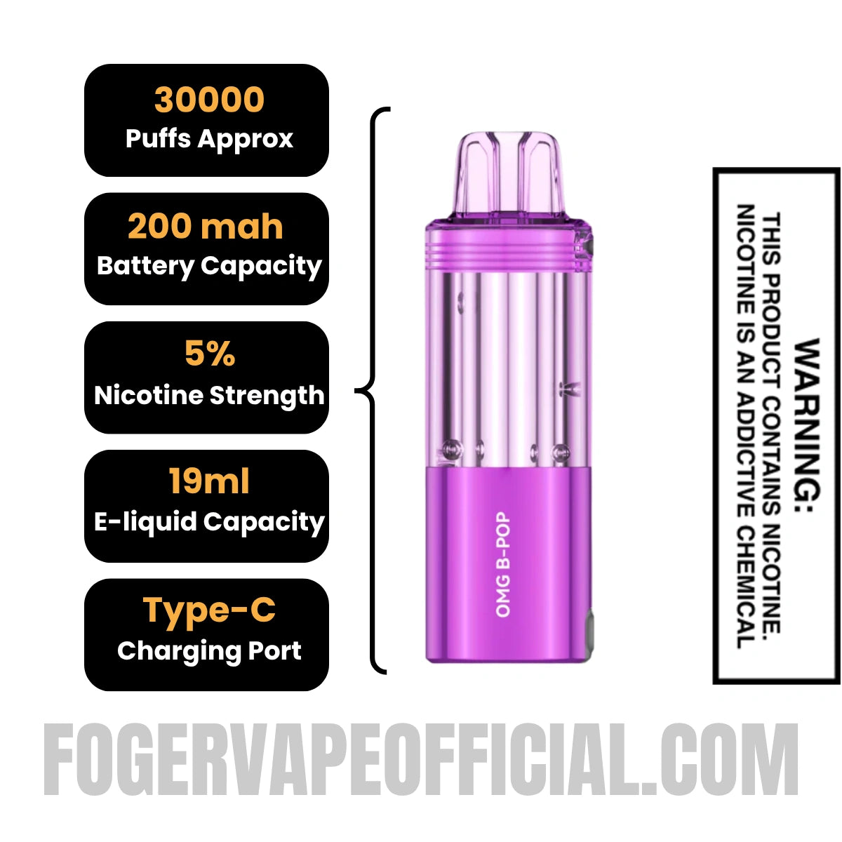 OMG B-POP Foger Switch Pro 30K Disposable Pod Specifications