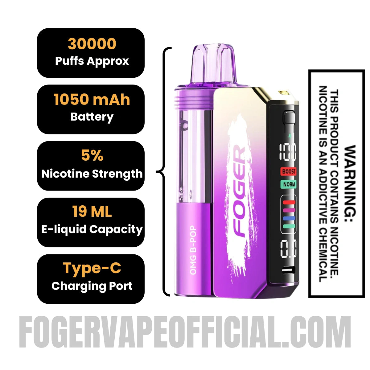 OMG B-POP Foger Switch Pro Vape Kit 30K Puffs Specifications