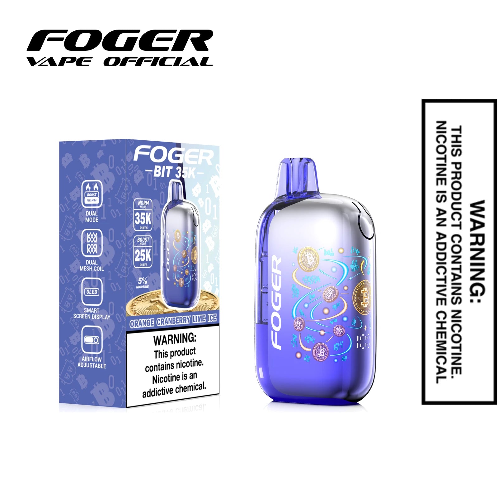 Orange Cranberry Lime Ice Foger Bit 35K disposable vape next to its single unit retail box