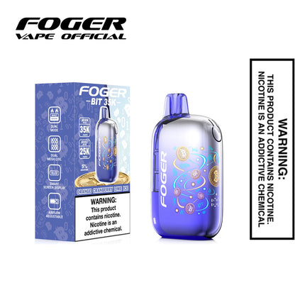 Orange Cranberry Lime Ice Foger Bit 35K disposable vape next to its single unit retail box