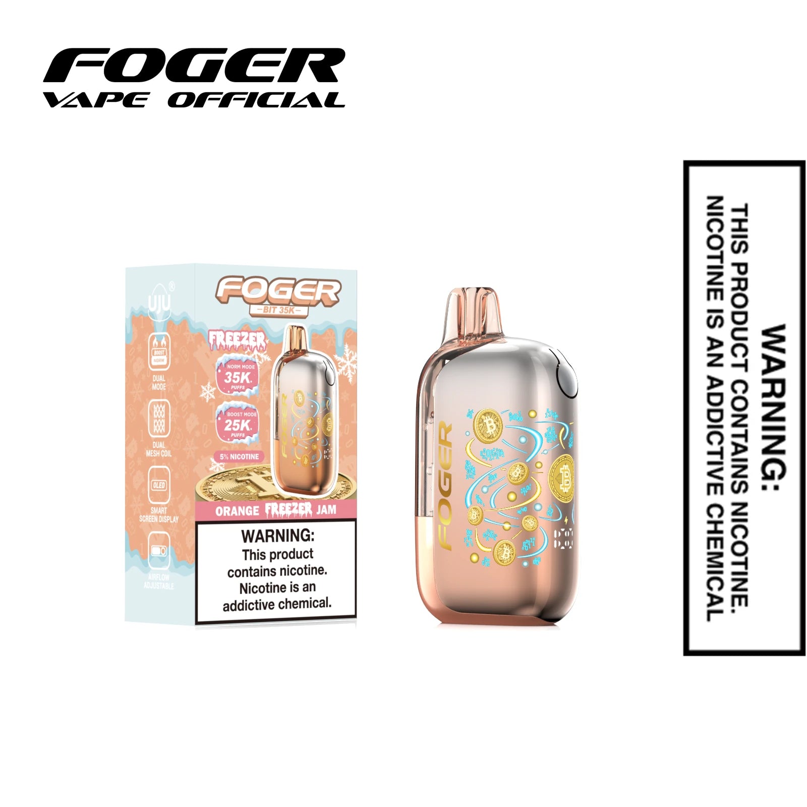 Orange Freezer Jam Foger Bit 35K disposable vape next to its single unit retail box