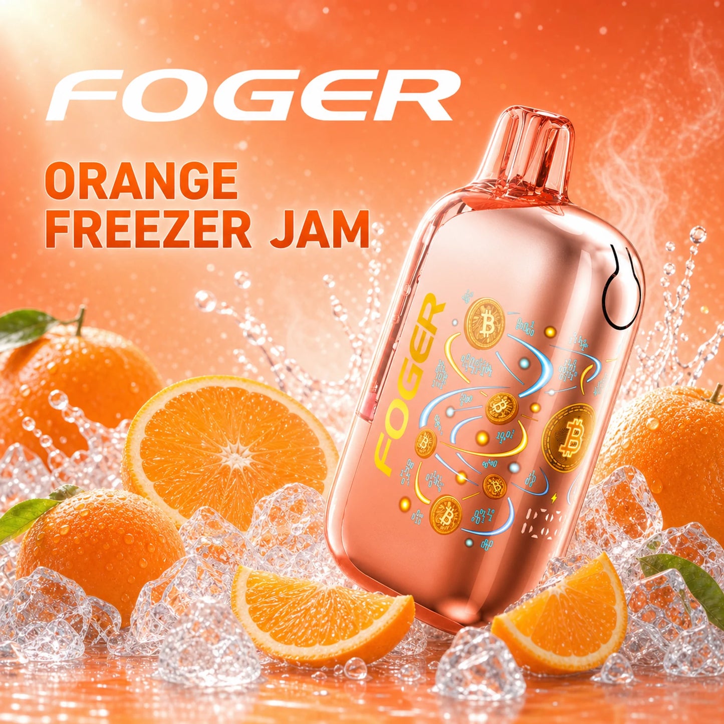 Orange Freezer Jam Foger Bit 35K disposable vape with fresh oranges on ice