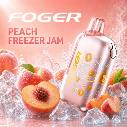 Peach Freezer Jam Foger Bit 35K disposable vape with ripe peaches on ice